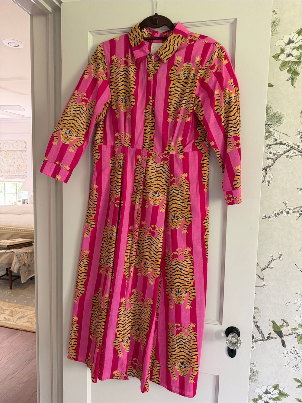 Bright Pink Tiger-Print Midi Shirt Dress